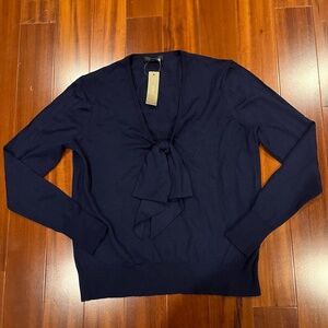 New NWT J.CREW‎ Merino Wool Navy Blue Sweater Tie-Front Long Sleeve Top Size XS